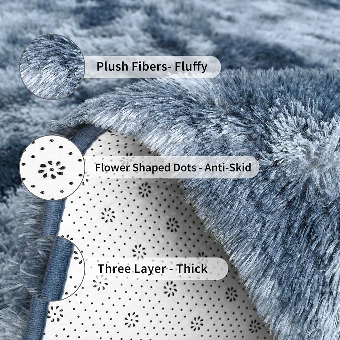 FlyDOIT Large Area Rugs for Living Room, 4x6 Feet Tie-Dyed Blue Grey Shaggy Rug - Image 6