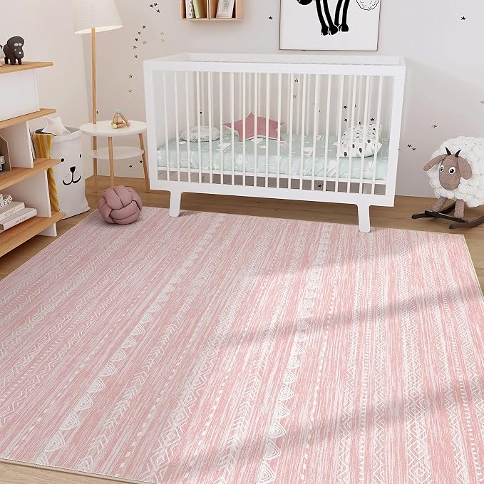 Nakagishi Pink Rugs for Bedroom Girls: 5x8 Washable Boho Large Neutral Area Rug - Image 7