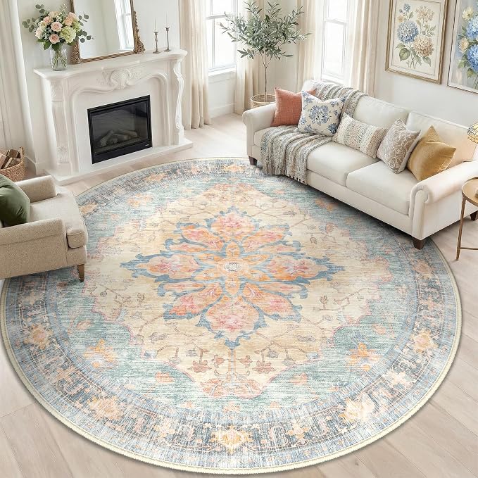 RELEANY Area Rugs Round 8ft Washable Non-Slip, Floral Vintage Distress by RELEANY