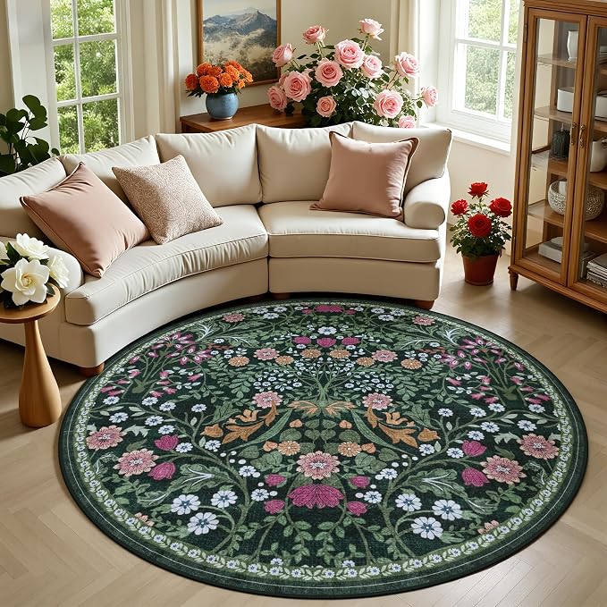 Round Area Rug for Living Room: 6 ft Floral Washable Circle Rug Soft Boho by PLHXFRSoftAreaRugs