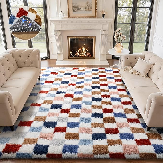 Ophanie Checkered Rainbow Rug for Living Room Bedroom, Colorful Fluffy Soft by Ophanie