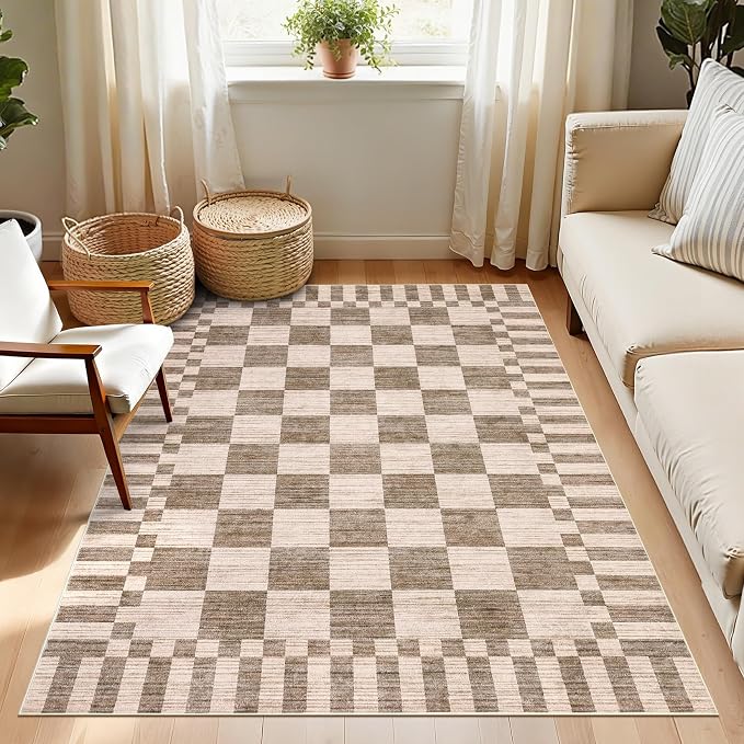 GarveeHome Brown Checkered Rug, Washable 3x5 Rug Geometric Tan Brown Print Non by GarveeHome