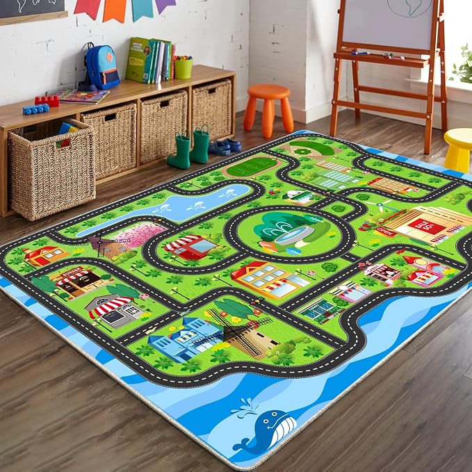 Kids Car Rug, 78.7" x 59" Road Map Floor Mat | Road map design, soft low-pile - Image 7