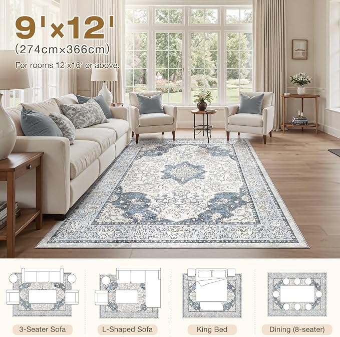 cotiled 9x12 Area Rug Machine Washable Vintage Carpet - Image 7