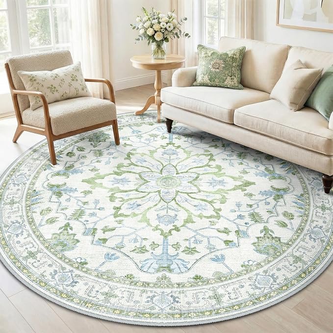 RELEANY Area Rugs Round 6ft Washable Non-Slip, Floral Vintage Distress by RELEANY
