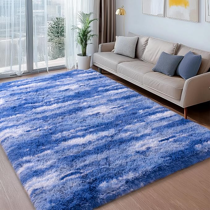 Shag Rugs for Living Room 5x7, Ultra Soft Abstract Blue Big Fuzzy Rugs for - Image 2