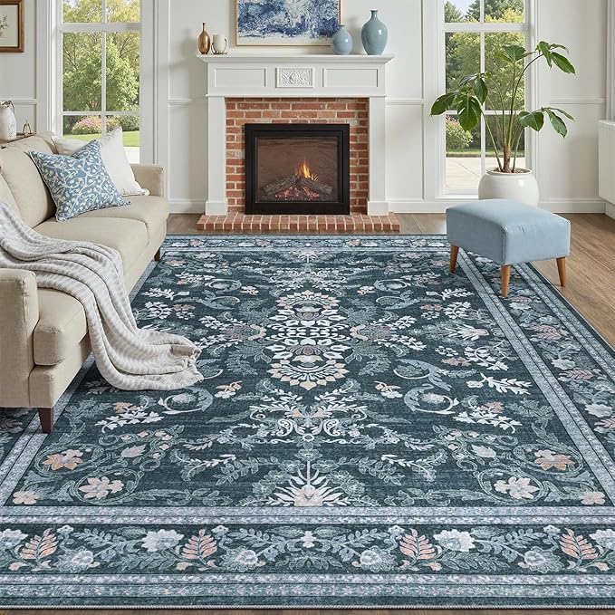 DCX Navy Blue 8x10 Area Rug, Machine Washable Non Slip Stain Resistant Soft by DCXWashableRug