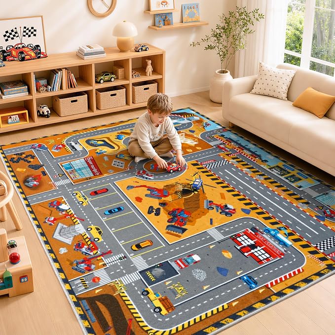 Kids Play Rug 4x5 Ft, Non-Slip Car Rug Play Mat, Washable Soft Construction - Image 6