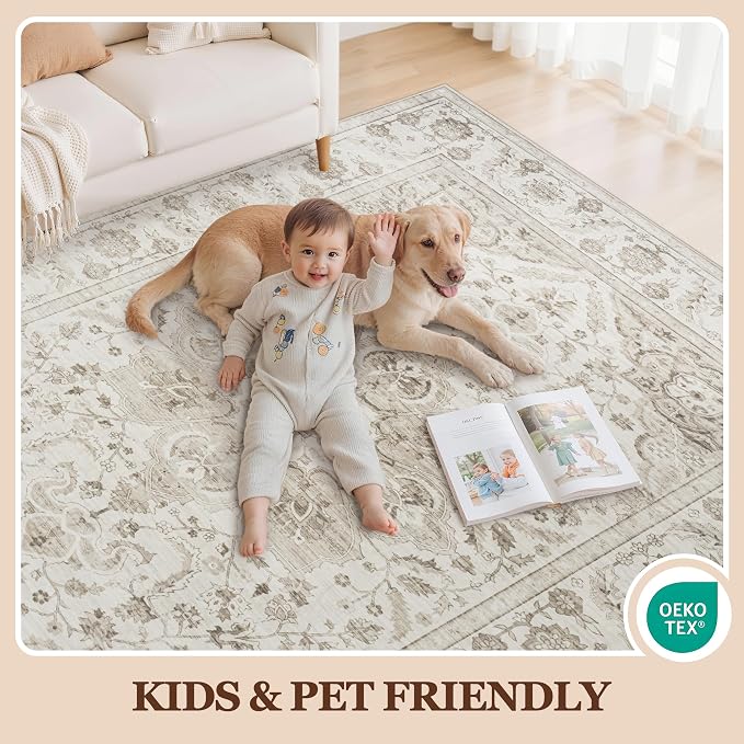 8x10 Area Rugs for Living Room:Beige Washable Vintage Medallion Carpet Non-Slip - Image 5