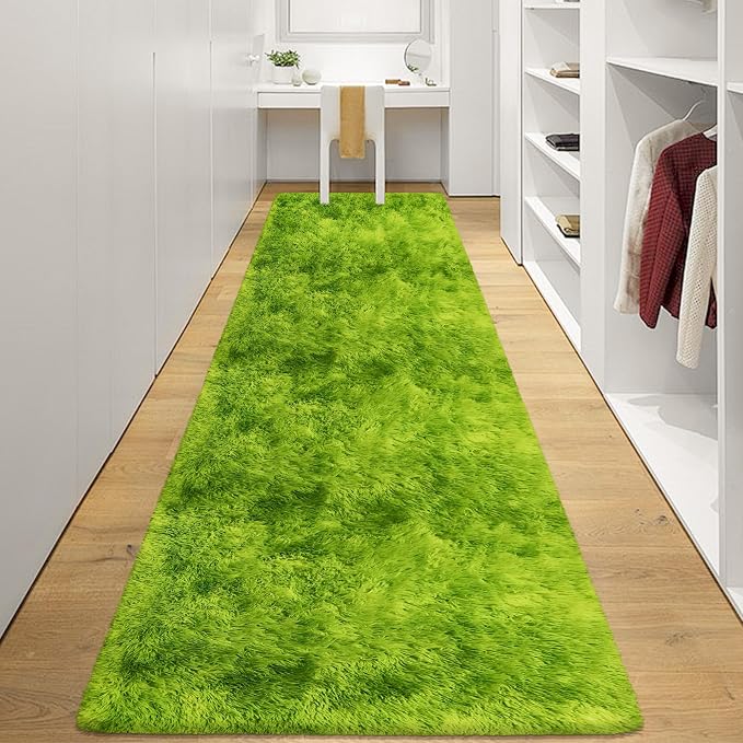 Grass Green Tie-Dyed Rug 3x10 ft Plush High Pile Shag Carpet Fluffy Soft Runner - Image 6