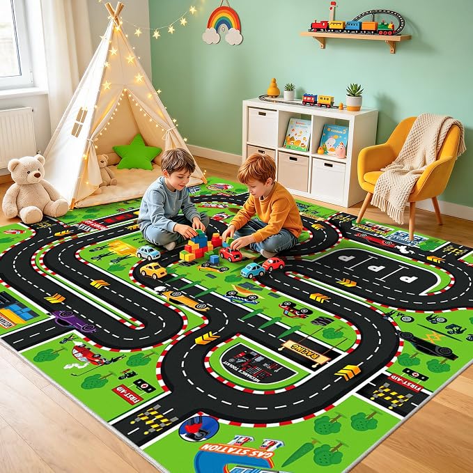 Kids Room Rug 5x7 Ft, Washable Soft Race Track Road Rug, Non-Slip Educational - Image 6