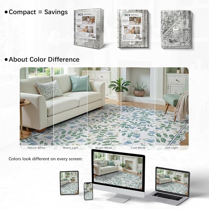 DCX Washable Botanical Floral 5x5 Roung Rug, Non Slip Low Pile Carpet - Image 8