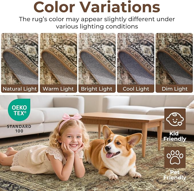 Washable Area Rugs 6x9 Vintage Brown, Large Indoor Rug - Image 6