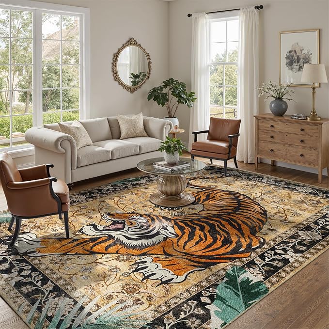 DCX Washable 5x7 Tiger Area Rug, Soft Low Pile Carpet, Kid & Pet Friendly - Image 2