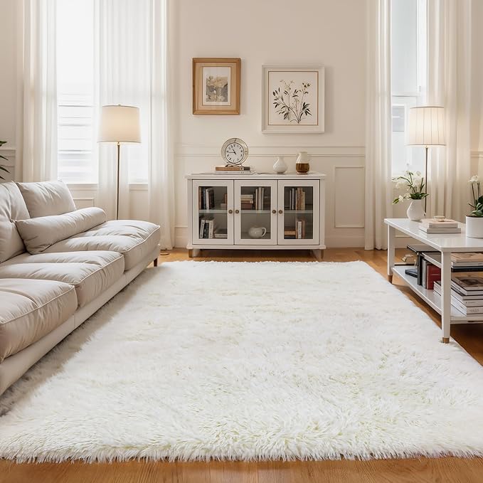 KCHOWUA Cream White Fluffy Area Rug - Image 8