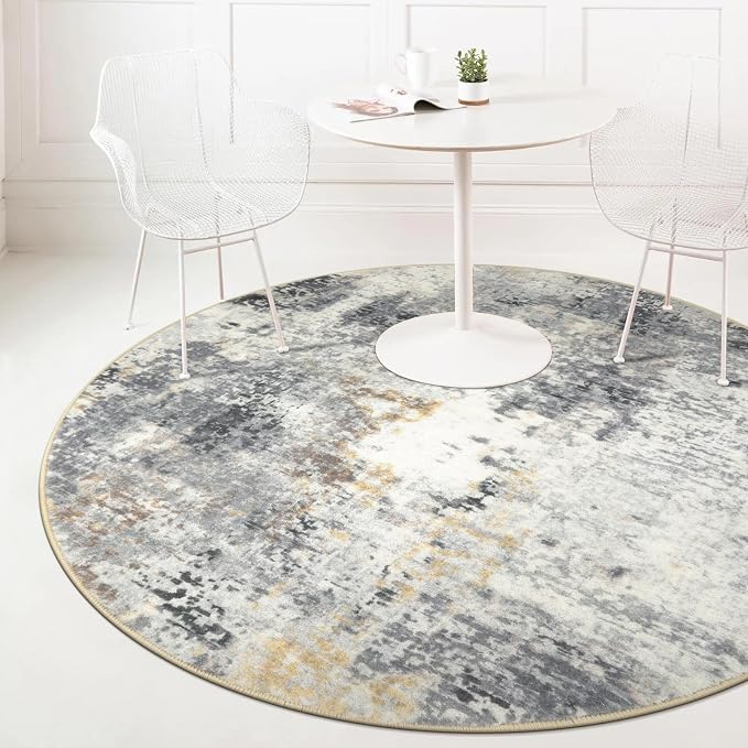 Lahome Modern Abstract Round Rug - 5Ft Grey Living Room Rugs Washable 5x5 - Image 3