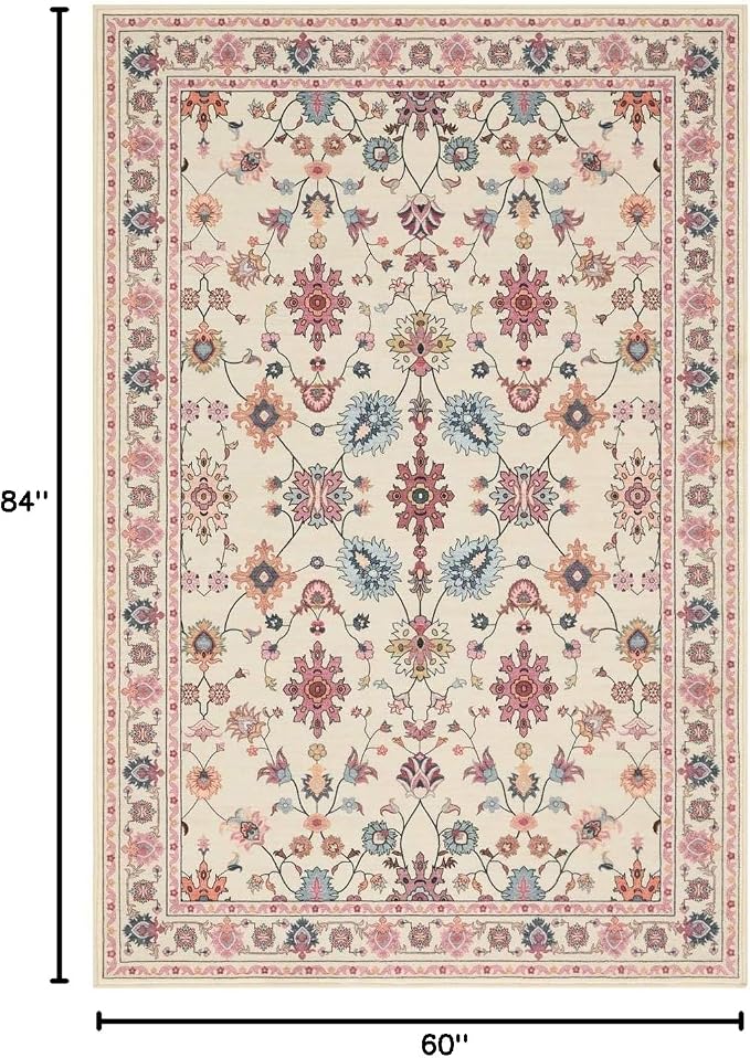 Rugxara Pink Rug for Living Room Bedroom, Floral 5x7 Washable Rug, Vintage Boho - Image 2