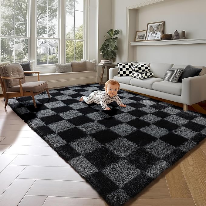 KICMOR Rugs for Living Room 5x7 Black and Grey, Soft Fluffy Checkered Shag Area by KICMOR