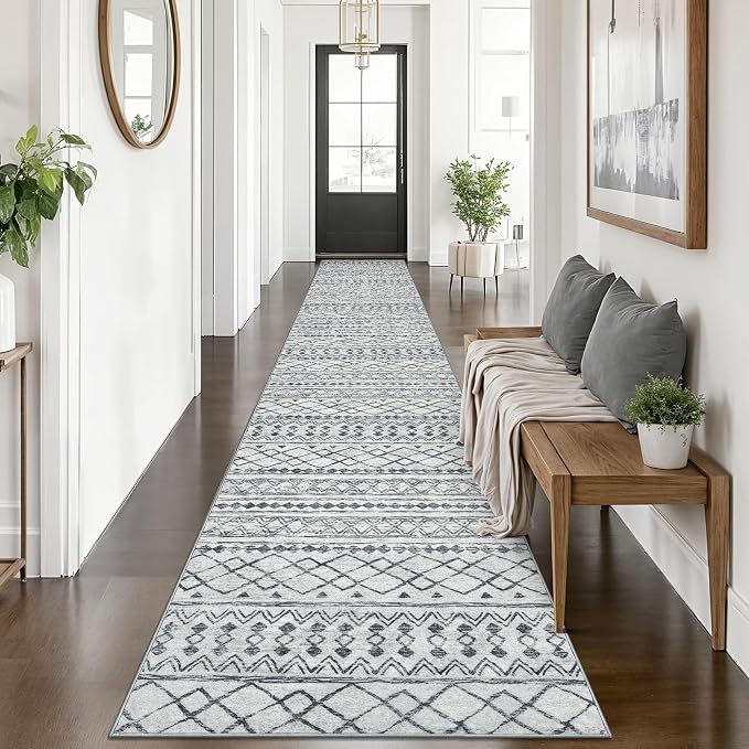 KUTA Long Hallway Runner Rug 2.6x14 Non-Slip Washable, Moroccan Vintage Beige by KUTA