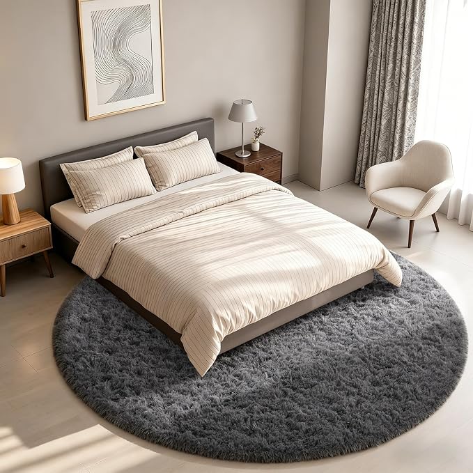 Ophanie Round Rug 7Ft Grey Circle Area Rugs, Large Fluffy Fuzzy Living Room - Image 3