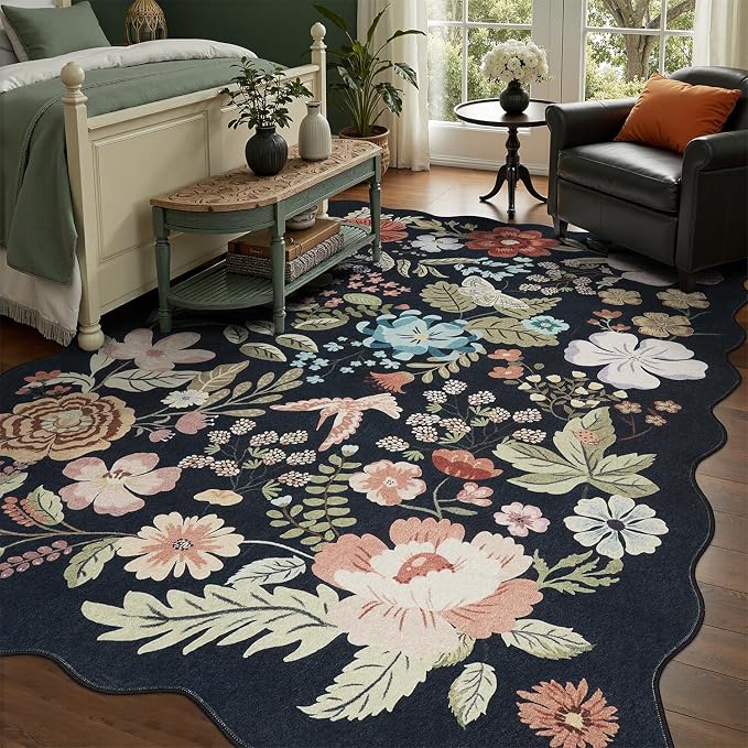 DCX Black Floral Rug 9x12, Washable Black Rug - Image 6