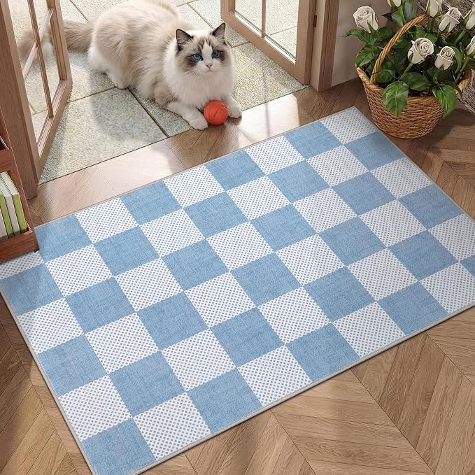 GarveeHome Checkered Light Blue and White 2x6 Washable Kitchen Runner Rug - Image 3