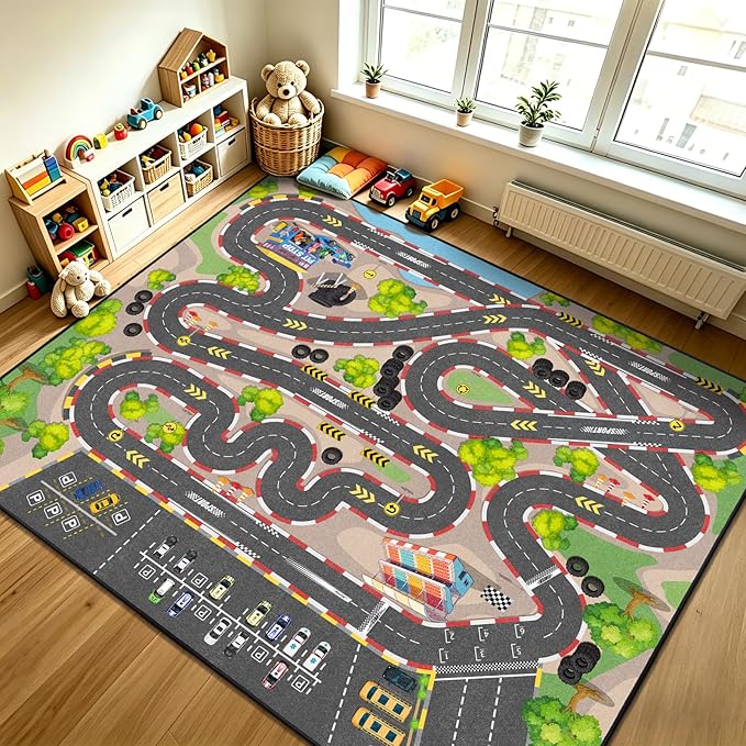Kids Car Rug Play Mat, 3x5 ft Race Track Road Rug - Image 9