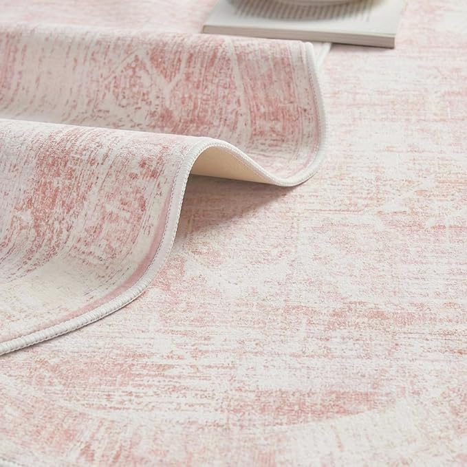 Latte&Fog 4ft Pink Floral Round Circle Area Rug, Low Pile Non Slip Indoor Small - Image 6