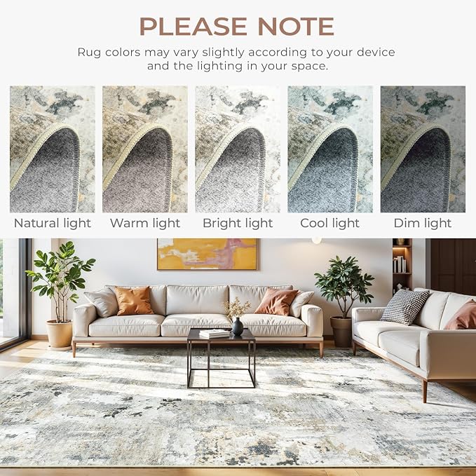 8x10 Area Rugs for Living Room, Abstract Neutral Large Washable Rug, Indoor - Image 3