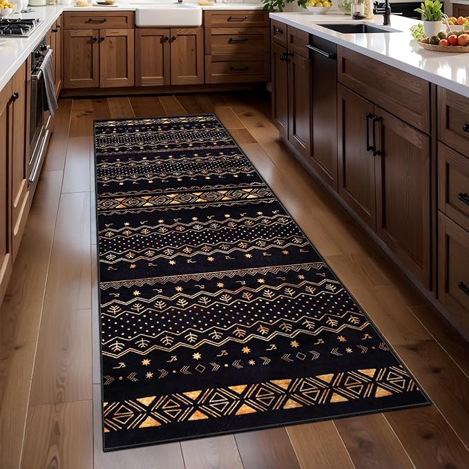 SERISSA 2x5 Kitchen Runner Rug, Washable Non-Slip Black and Gold Boho Rug by SERISSAHomeDecorCollection