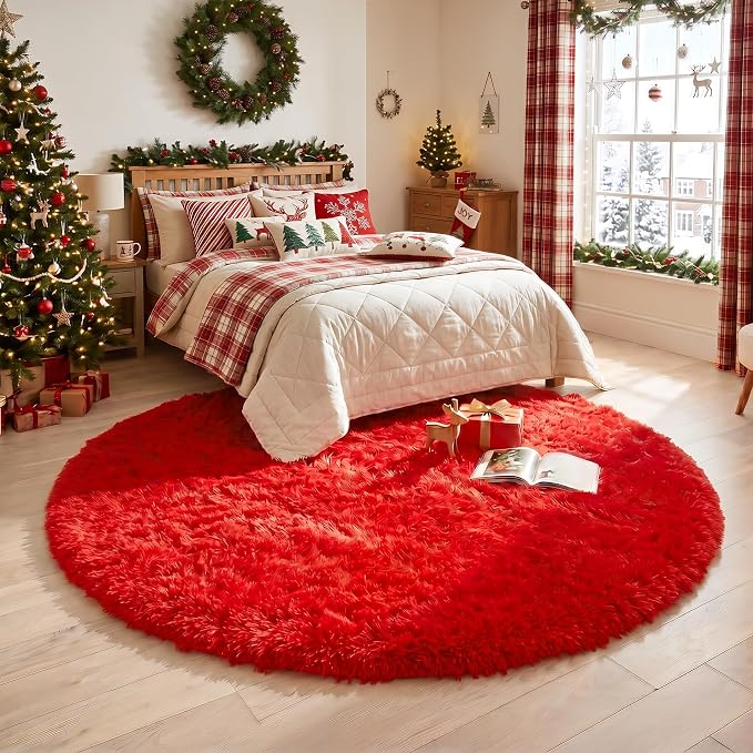 Red Round Rug 4Ft for Bedroom, Fluffy Shag Circle Area Rugs for Kids Room Decor - Image 6