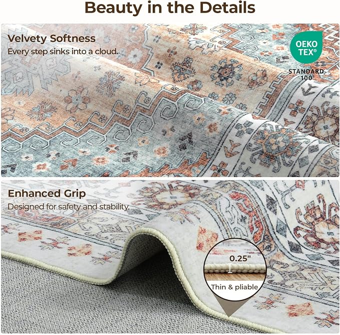 6x9 Washable Area Rugs, Large Living Room Rug, Vintage Boho Carpet, Non Slip & - Image 3