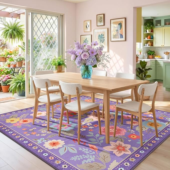 RELEANY Floral Square 6ft Area Rugs Washable Print Boho Cute Carpet Non Slip - Image 2