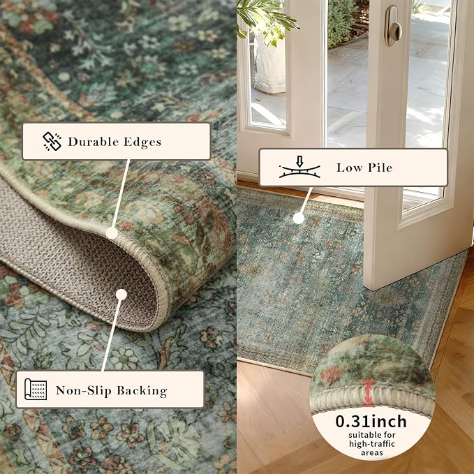 Latte&Fog 8x10 Area Rugs for Living Room, Large Vintage Green Washable Rug - Image 7