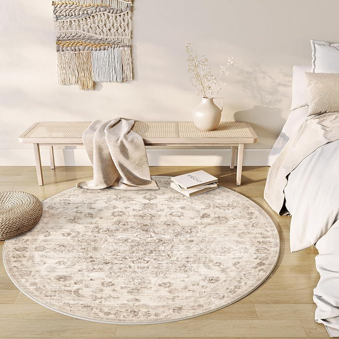 5x5 Washable Neutral Round Rug Beige Vintage Entryway Kitchen Cirlce Rug - Image 2