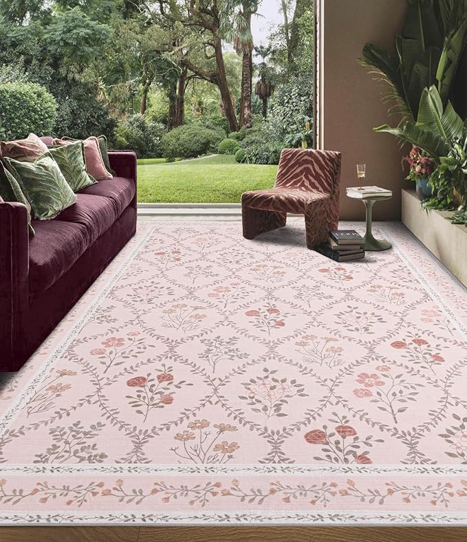 YIHOUSE Pink Floral Print Rugs, Moroccan Trellis 10x14 Washable Large Rug - Image 9