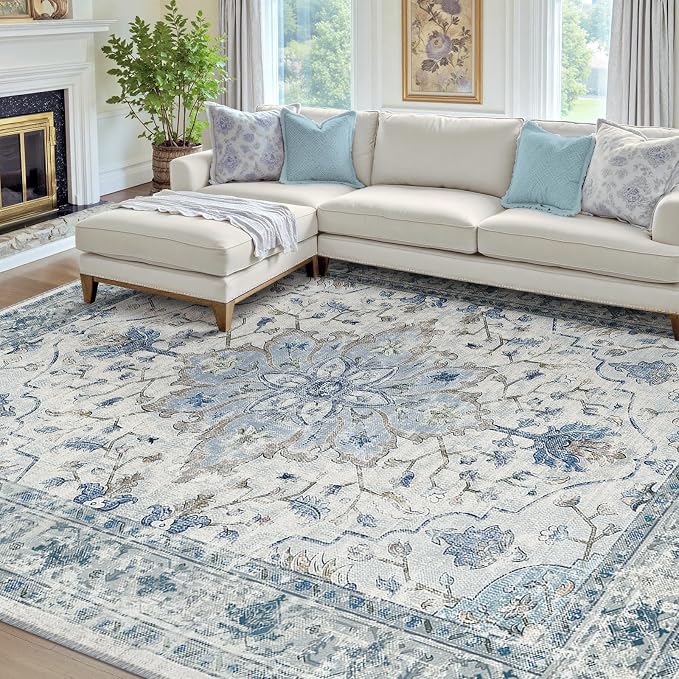 RELEANY Area Rugs 8'x10' Washable Non-Slip, Floral Vintage Distress Medallion by RELEANY