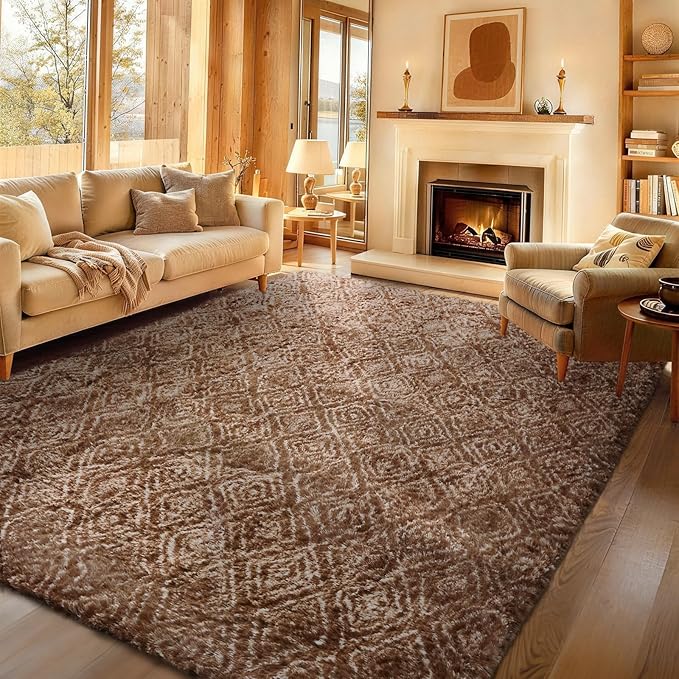 Ophanie 9x12 Brown and White Diamond Striped Rugs by Ophanie