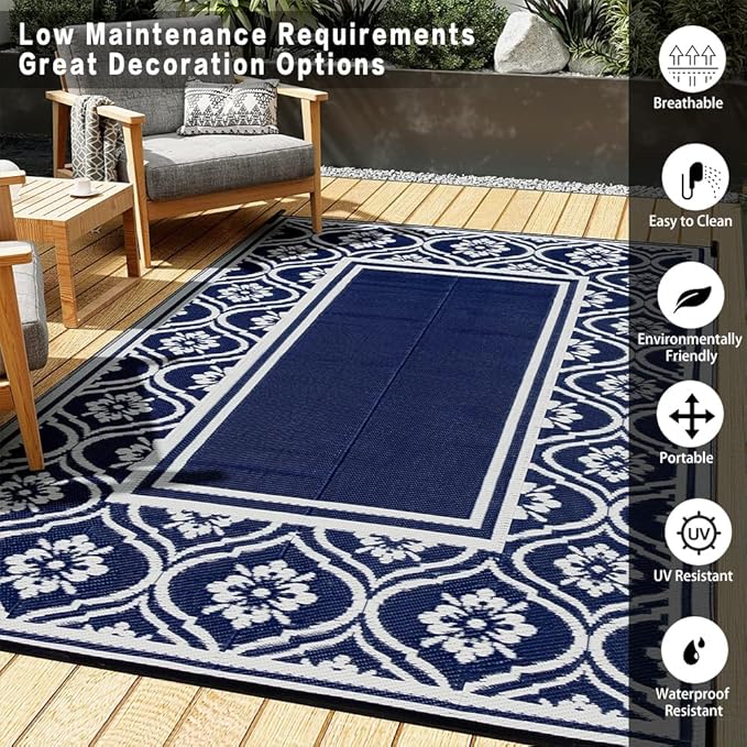 HUGEAR Outdoor Patio Rug 5'x8' Waterproof Outside Area Rugs Blue Reversible - Image 3