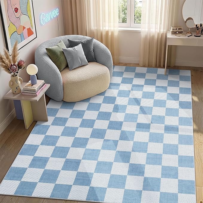 GarveeHome Checkered Light Blue and White 8x10 Area Rugs - Image 3