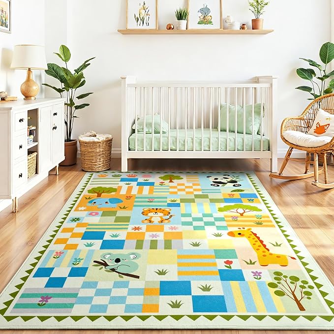 3x5 Washable Kid Playroom Rug, Unisex Green Safari Jungle Woodland Animal - Image 2