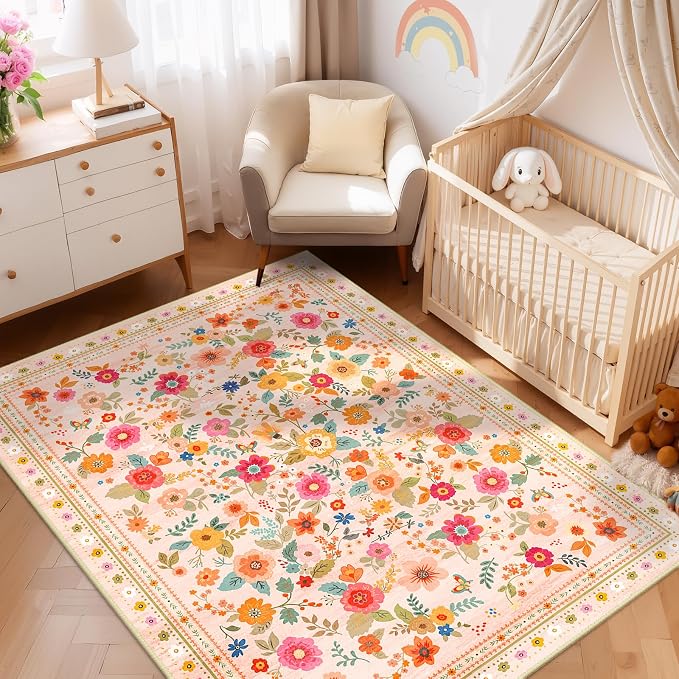 5x7 Area Rugs, Washable Floral Rug, Low Pile Non-Slip Carpet, Flower Rug - Image 2