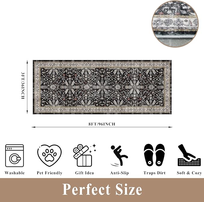 3x8 Hallway Runner Rug Washable Non-Slip – Boho Floral Soft Wide Carpet Runner - Image 2