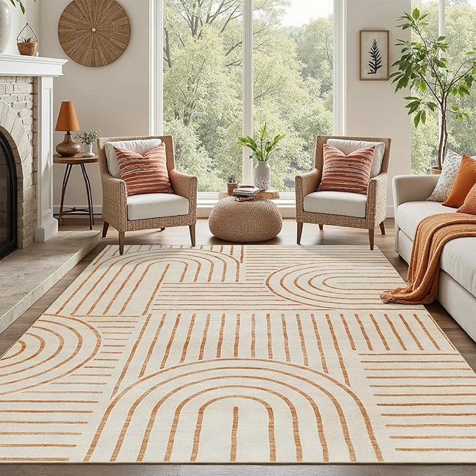 DCX Beige Machine Washable 6x9 Area Rug, Midcentury Modern Non Slip Stain - Image 2