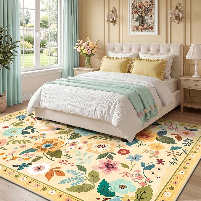 RELEANY Floral 9x12 Area Rugs Washable Print Boho Cute Carpet Non Slip Flower - Image 2