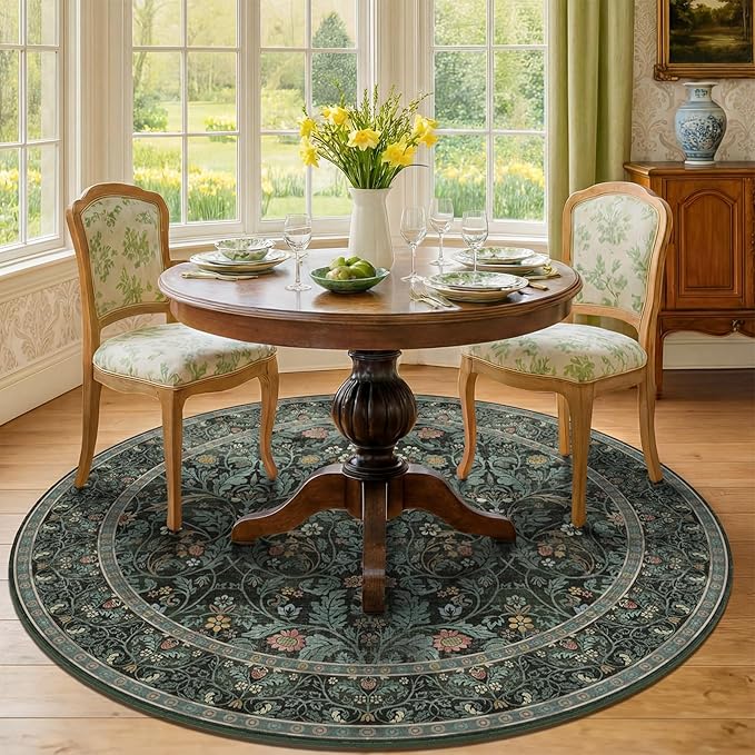 Dark Green 6ft Round Rugs for Living Room, Botanical Floral Washable Circle by Evyhood