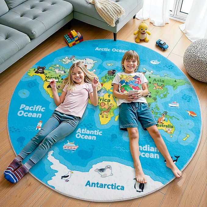 Kids Playroom Rug, 6x6ft Round World Map Play Mat - Image 4