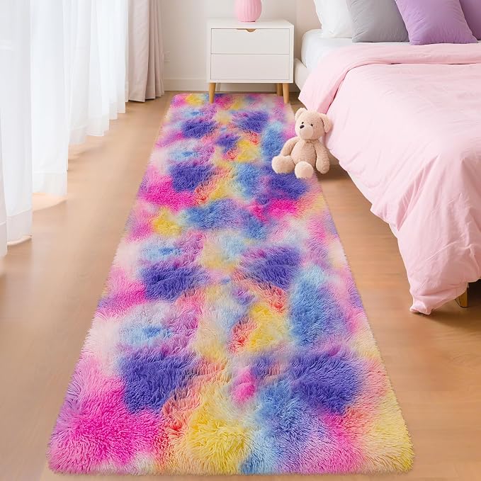 Soft Fluffy Pink Rainbow Rug for Girls Bedroom Carpet 2x8 Tie Dyed Shag Runner - Image 2