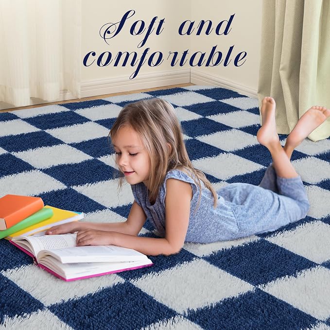 Super Soft Rug for Bedroom, 8x10 ft Blue and White Area Rug Classic Checkered - Image 2