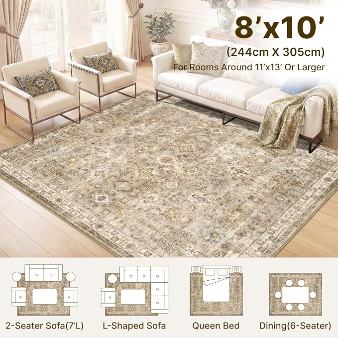 8x10 Area Rug for Living Room-Vintage Farmhouse Boho Floral Neutral Washable - Image 2